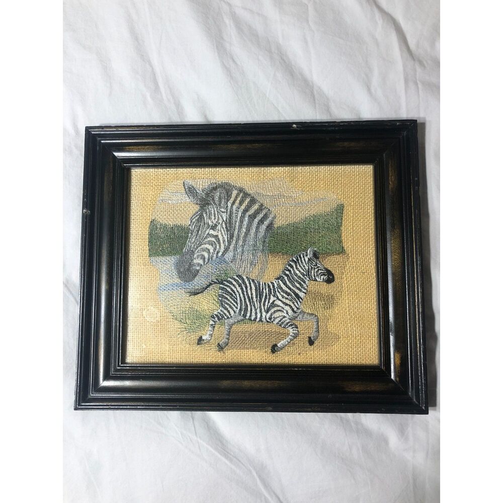 Vintage Framed Zebra Embroidery Wall Art Spirit of the Zebra Safari Animal Decor